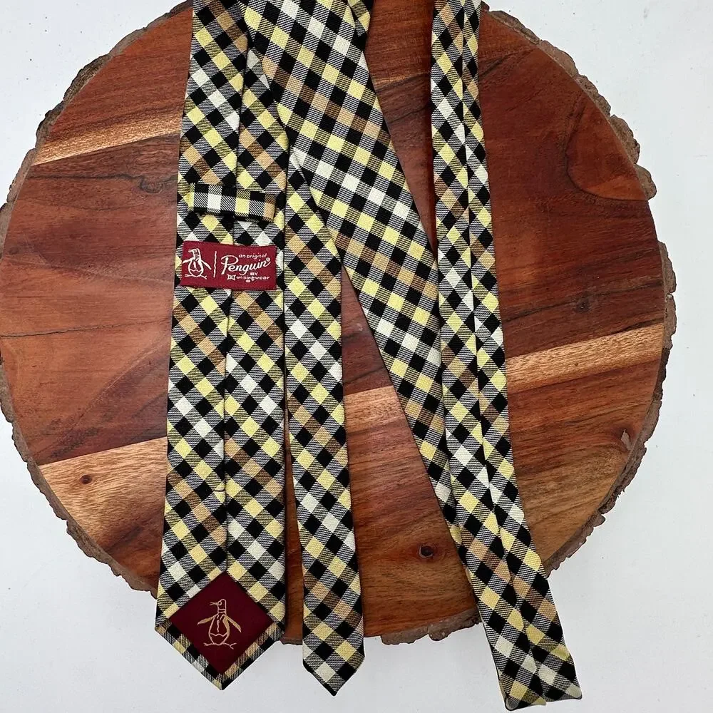 An Original Penguin 100 Silk Tie Skinny Yellow Black Checked EUC Formal Academia